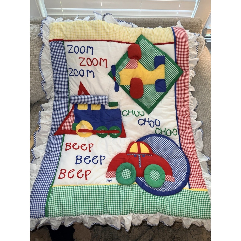 Vintage Baby Quilt Crib Blanket Train Car Plane Gingham Ruffle Nursery 90s